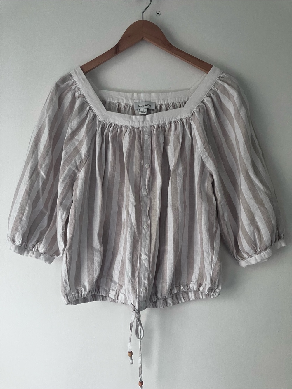 Linen Cotton Blend square neck, vertical stripe top blouse waist tie Large